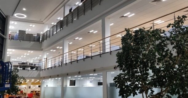 Office atrium with LED lighting, First Data, Basildon