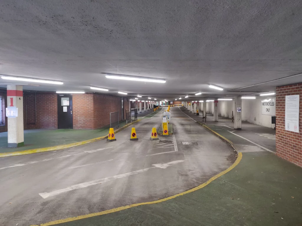 Undercroft car park with new LED lighting at First Data, Basildon
