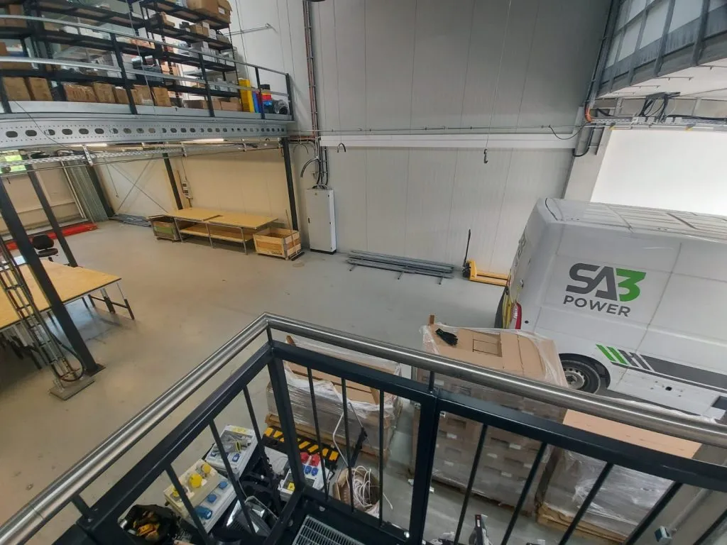 Mezzanine storage and workshop inside SA3 Power's offsite prefabrication facility