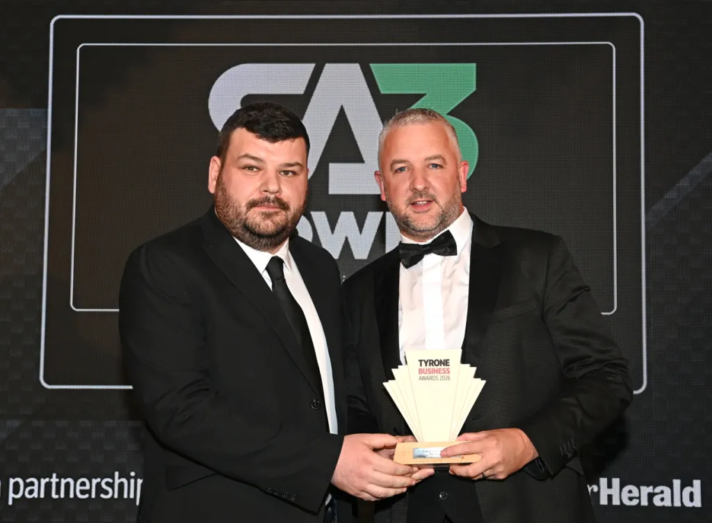 Two SA3 POWER representatives receiving the Exporter of the Year award at the Tyrone Business Awards 2026